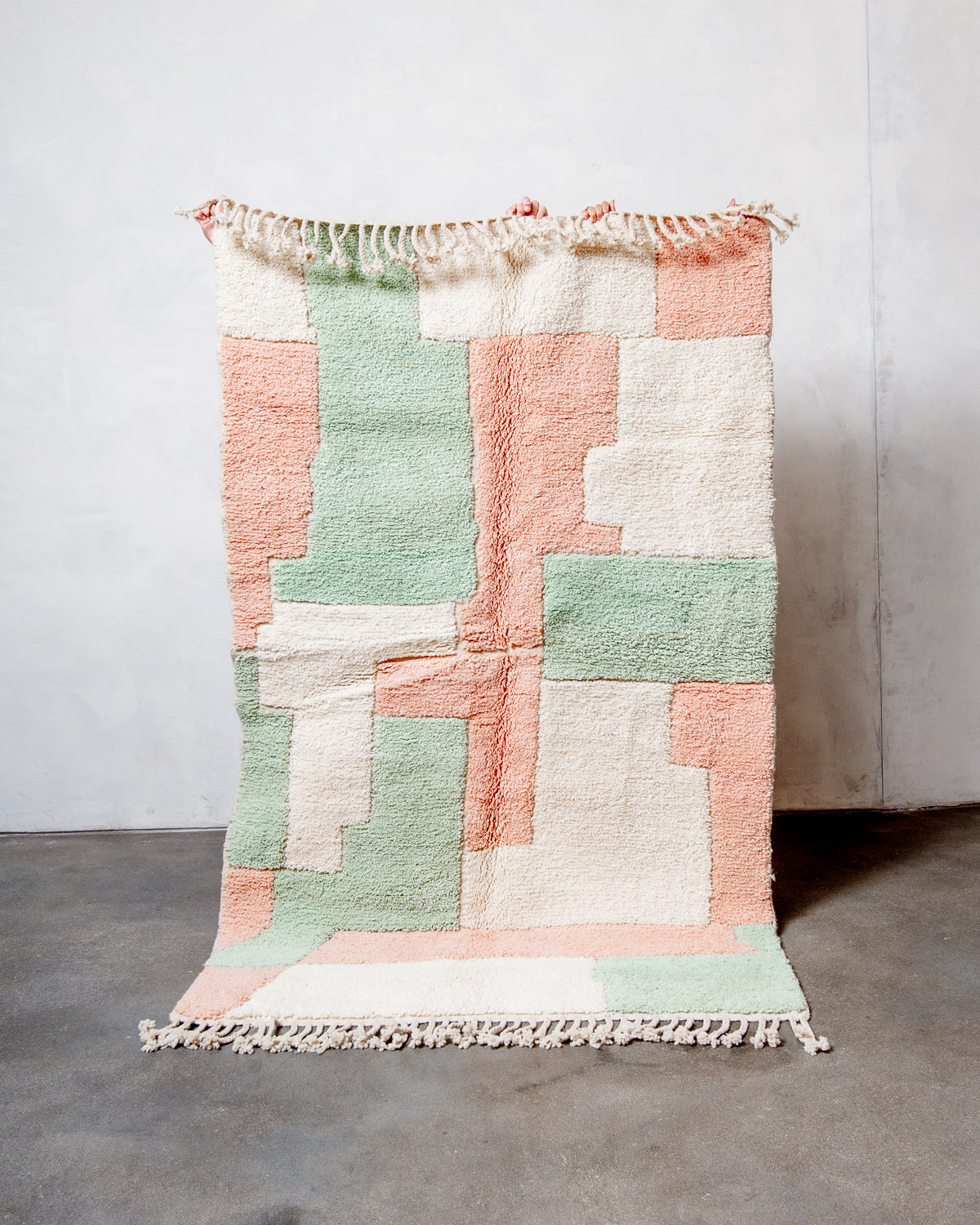 Modern, designer, handcrafted Berber rug from Morocco. Beniourain carpet with beautiful colours and patterns and fluffy wool texture.